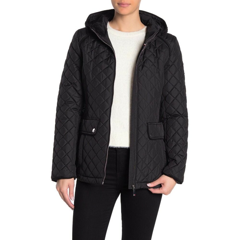 Tommy Hilfiger Women's Jacket Black Diamond Quilted Hooded Coat SZ S NWT